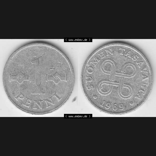 Grau bzw. s/w Münzen Finnland Umlaufmünze 1969-1979, 1 Penni, 1969. Vorderseite und Rückseite horizontal auf einen digitalen Bild der alten finnischen Umlaufmünze aus Finnland... Sammlung Graustufen