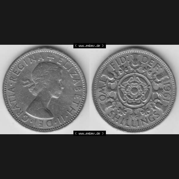 Grau bzw. s/w Münzen Großbritannien Umlaufmünze 1954-1970, 2 Schilling-Florin 1961. Vorderseite und Rückseite horizontal auf einen digitalen Bild der alten britischen Münze aus... Sammlung Graustufen