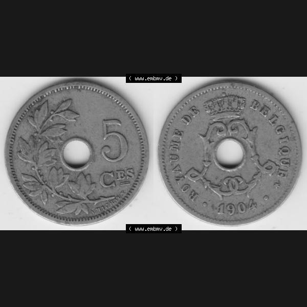 Grau bzw. s/w Münzen Belgien Umlaufmünze 1904-1907, 5 Ces, Centimes Koninkrijk Belgie. Vorderseite und Rückseite horizontal auf einen digitalen Bild der alten belgischen Francs Umlaufmünze... Sammlung Graustufen