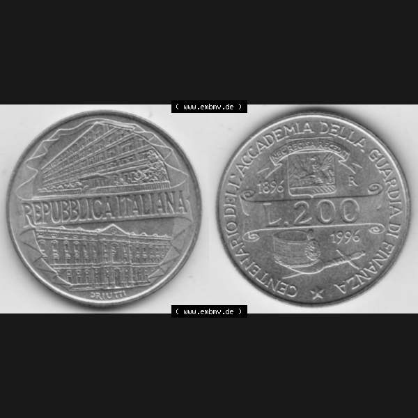 Grau bzw. s/w Münzen Italien Gedenkmünze 1996-1996, 200 Lire Zollakademie. Vorderseite und Rückseite horizontal auf einen digitalen Bild der alten italienischen Münze aus Italien in... Sammlung Graustufen