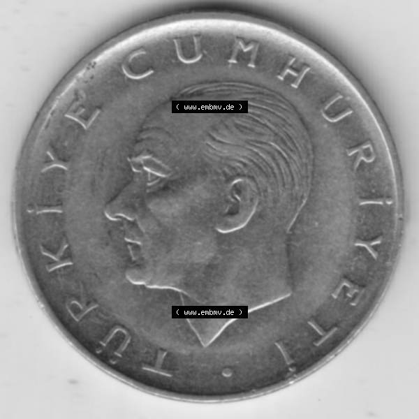 Grau bzw. s/w Münzen Türkei Umlaufmünze 1967-1980, 1 Lira 1971. Vorderseite der Münze der Türkei als Bildmaterial für Sammler und Münzen-Webseiten hier im online Katalog... Sammlung Graustufen