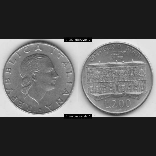 Grau bzw. s/w Münzen Italien Gedenkmünze 1990-1990, 200 Lire Gründung von Staatsrat. Vorderseite und Rückseite horizontal auf einen digitalen Bild der alten italienischen Münze... Sammlung Graustufen