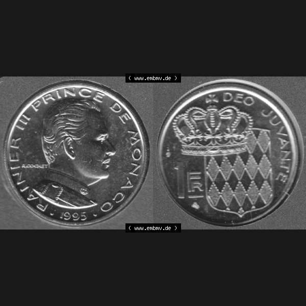 Grau bzw. s/w Münzen Monaco Umlaufmünze 1960-1995, 1 Fr, Franc, Franken Rainier III Prince de Monaco I. 1995 (3) Sammlung Graustufen