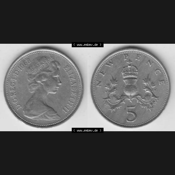 Grau bzw. s/w Münzen Großbritannien Umlaufmünze 1968-1981, 5 New Pence 1968. Vorderseite und Rückseite horizontal auf einen digitalen Bild der alten britischen Münze aus Großbritannien... Sammlung Graustufen