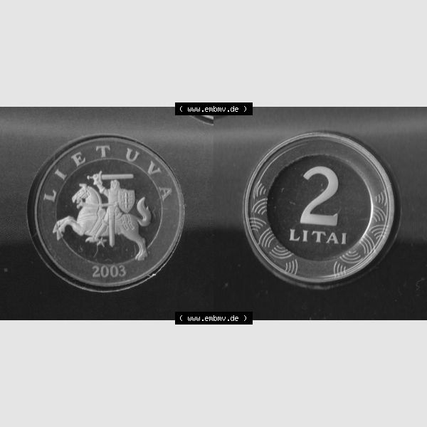 Grau bzw. s/w Münzen Litauen Umlaufmünze 1998-2014, 2 Litai 2003, Bild mit Vollansicht aus offiziellen Münzsatz / KMS 2003 Sammlung Graustufen