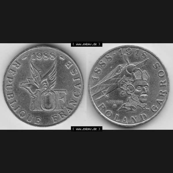 Grau bzw. s/w Münze Frankreich 1988-1988, 10 Francs Roland Garros. Vorderseite und Rückseite horizontal auf einen digitalen Bild der alten französischen Umlaufmünze aus Frankreich in... Sammlung Graustufen