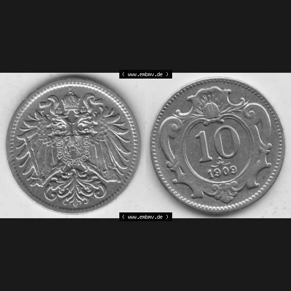 Grau bzw. s/w Münzen Österreich Umlaufmünze 1892-1911, 10 Heller 1909, Münze aus Österreich mit Münzseiten Horizontal / Nebeneinander auf einen Bild für Mobile-Geräte... Sammlung Graustufen