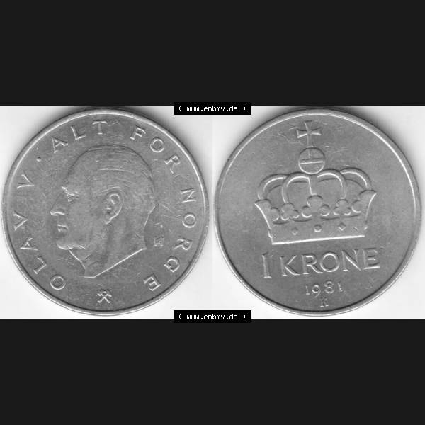 Grau bzw. s/w Münzen Norwegen Umlaufmünze 1974-1991, 1 Krone 1981, Münze aus Norwegen mit Münzseiten Horizontal / Nebeneinander auf einen Bild für Mobile-Geräte als Bildmaterial... Sammlung Graustufen