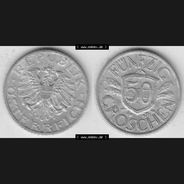Grau bzw. s/w Münzen Österreich Umlaufmünze 1946-1955, 50 Groschen 1947 II., Münze aus Österreich mit Münzseiten Horizontal / Nebeneinander auf einen Bild für... Sammlung Graustufen