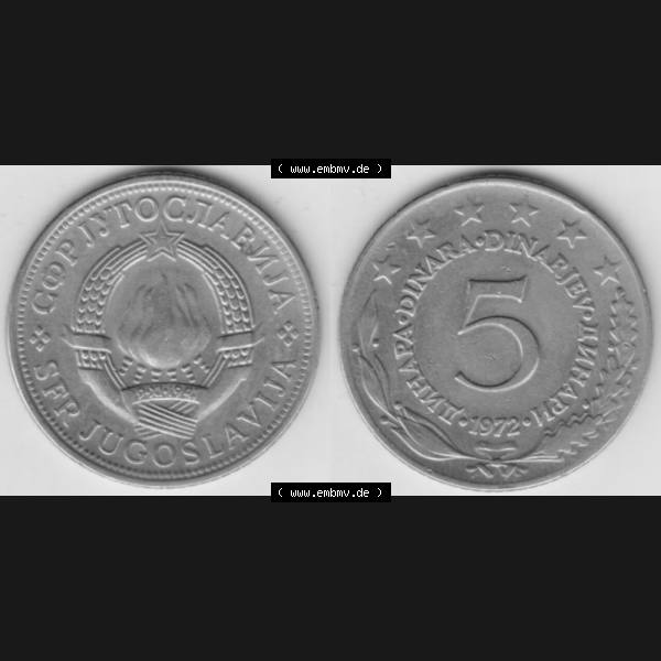 Grau bzw. s/w Münzen Jugoslawien Umlaufmünze 1971-1981, 5 Dinar 1972, Bild mit Vollansicht als Bildmaterial Sammlung Graustufen