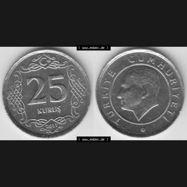 Grau bzw. s/w Münzen Türkei Umlaufmünze 2009-2013, 25 Kurus 2011. Vorderseite und Rückseite der Münze der Türkei auf einen Digitalen Bild, als Bildmaterial für Sammler... Sammlung Graustufen