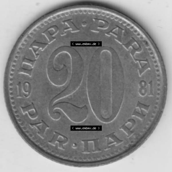 Grau bzw. s/w Münzen Jugoslawien Umlaufmünze 1965-1981, 20 Para 1981, Bild mit Rückseite der Münze zum Download Sammlung Graustufen