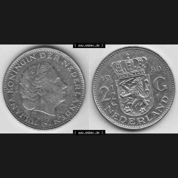 Grau bzw. s/w Münzen Niederlande Umlaufmünze 1969-1980, 2.50 Gulden 1980, Bild mit horizontaler Vollansicht als Bildmaterial Sammlung Graustufen