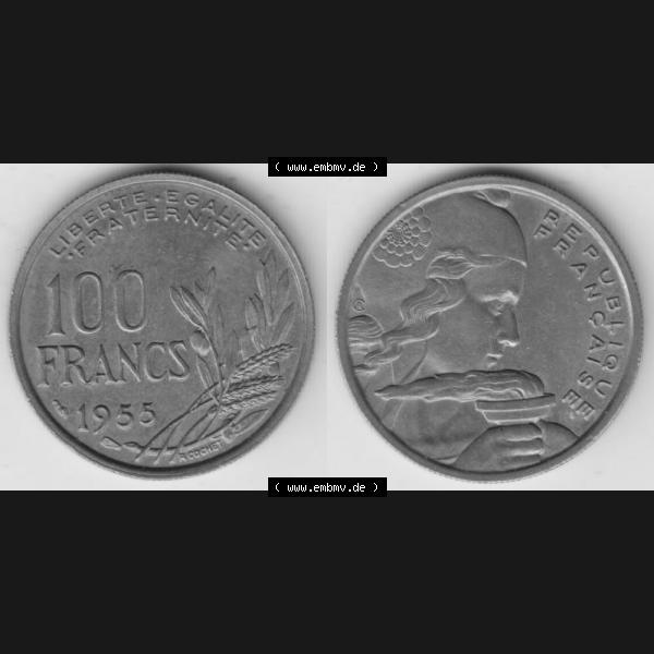 Grau bzw. s/w Münze Frankreich 1954-1958, 100 Francs, Franken Typ II. 1955. Vorderseite und Rückseite horizontal auf einen digitalen Bild der alten französischen Umlaufmünze... Sammlung Graustufen