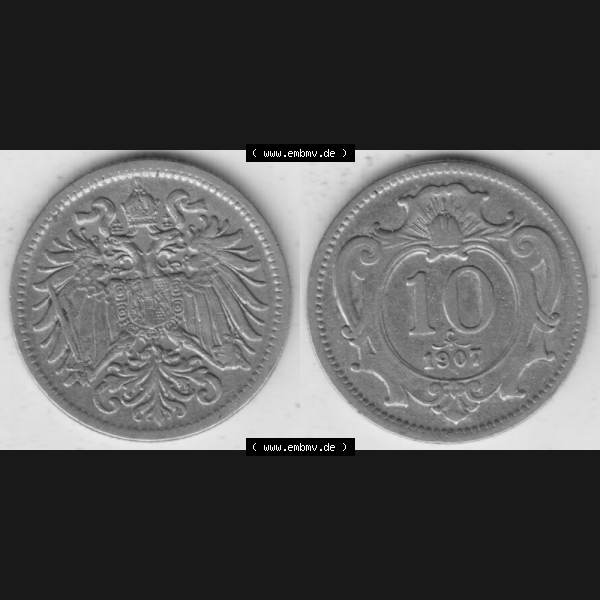 Grau bzw. s/w Münzen Österreich Umlaufmünze 1892-1911, 10 Heller 1907, Münze aus Österreich mit Münzseiten Horizontal / Nebeneinander auf einen Bild für Mobile-Geräte... Sammlung Graustufen