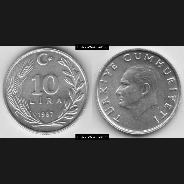 Grau bzw. s/w Münzen Türkei Umlaufmünze 1984-1989, 10 Lira - Lire 1987. Vorderseite und Rückseite der Münze der Türkei auf einen Digitalen Bild, als Bildmaterial für... Sammlung Graustufen