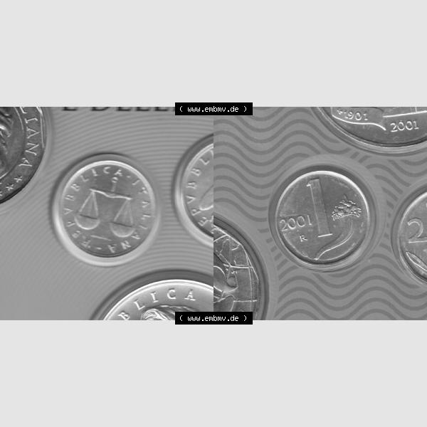 Grau bzw. s/w Münzen Italien Umlaufmünze 1951-2001, 1 Lira-Lire Münze mit Waage 2001. Vorderseite und Rückseite horizontal auf einen digitalen Bild der alten italienischen Münze... Sammlung Graustufen