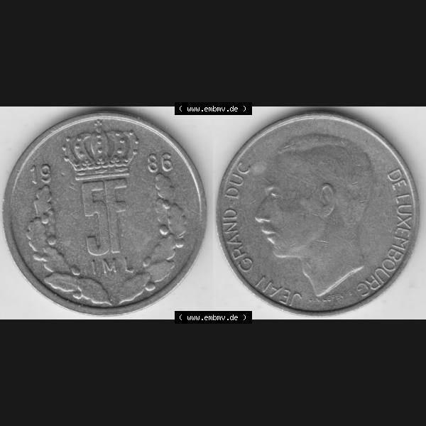 Grau bzw. s/w Münzen Luxemburg Umlaufmünze 1986-1988, 5 F, Francs, Franken 1986, Bild mit Vollansicht Sammlung Graustufen