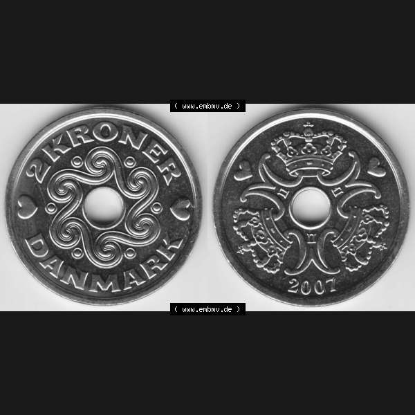 Grau bzw. s/w Münzen Dänemark Umlaufmünze 2007, 2 Kroner, Kronen. Vorderseite und Rückseite horizontal auf einen digitalen Bild der alten dänischen Umlaufmünze aus Dänemark... Sammlung Graustufen