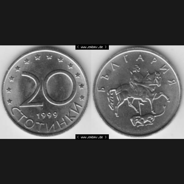 Grau bzw. s/w Münzen Bulgarien Umlaufmünze 1999, 20 CTOTNHKN Stotinki, Bild mit Vollansicht zum Download Sammlung Graustufen