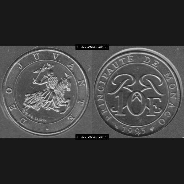 Grau bzw. s/w Münzen Monaco Umlaufmünze 1989-2000, 10 Francs 1995. Vorderseite und Rückseite horizontal nebeneinander auf einen digitalen Bild zum herunterladen, einer alten Umlaufmünze... Sammlung Graustufen