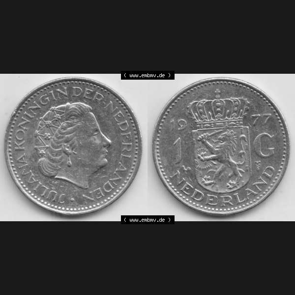 Grau bzw. s/w Münzen Niederlande Umlaufmünze 1967-1980, 1 Gulden 1977, Bild mit horizontaler Vollansicht als Bildmaterial Sammlung Graustufen