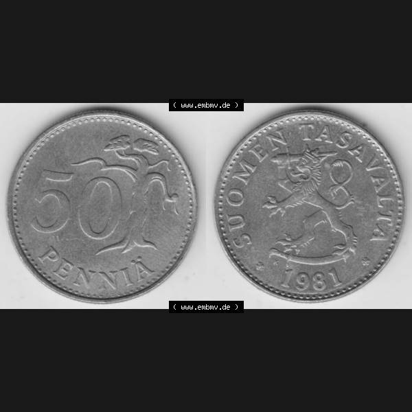 Grau bzw. s/w Münzen Finnland Umlaufmünze 1963-1990, 50 Penniä, 1981. Vorderseite und Rückseite horizontal auf einen digitalen Bild der alten finnischen Umlaufmünze aus Finnland... Sammlung Graustufen