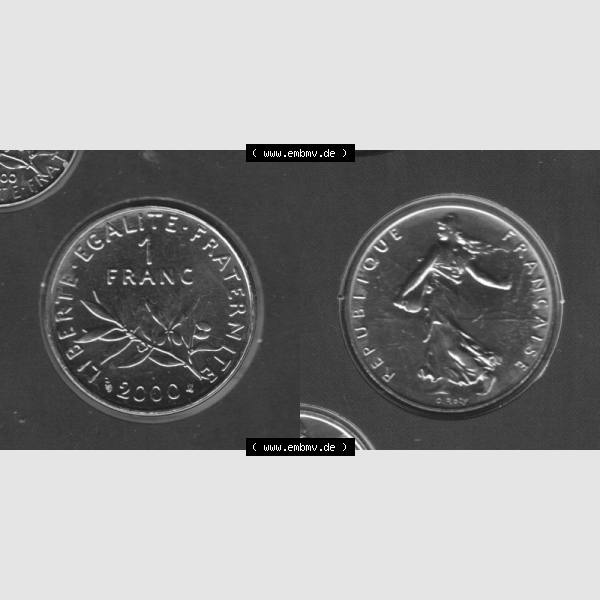 Grau bzw. s/w Münze Frankreich 2000, 1 Francs. Vorderseite und Rückseite horizontal auf einen digitalen Bild der alten französischen Umlaufmünze aus Frankreich in der Francs-Währung... Sammlung Graustufen