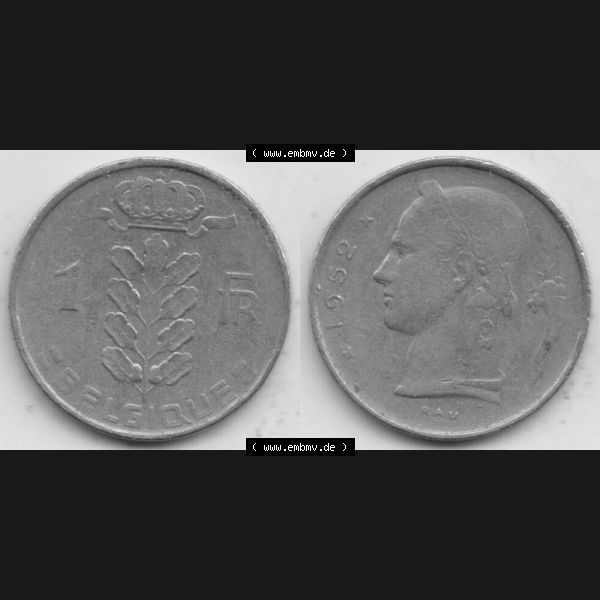 Grau bzw. s/w Münzen Belgien Umlaufmünze 1950-1988, 1 Francs-Franken 1952 Belgique. Vorderseite und Rückseite horizontal auf einen digitalen Bild der alten belgischen Francs Umlaufmünze... Sammlung Graustufen