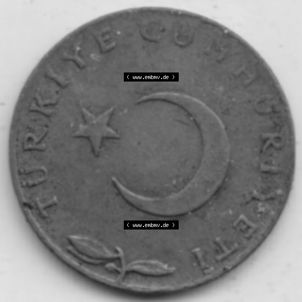 Grau bzw. s/w Münzen Türkei Umlaufmünze 1969-1973, 5 Kurus 1971. Vorderseite der Münze der Türkei als Bildmaterial für Sammler und Münzen-Webseiten hier im online Katalog... Sammlung Graustufen