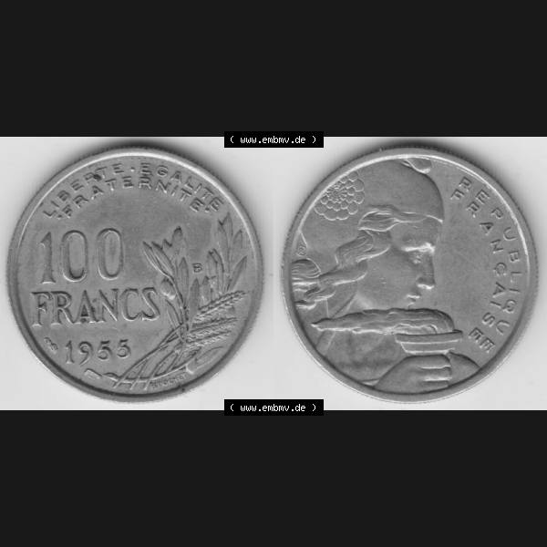 Grau bzw. s/w Münze Frankreich 1954-1958, 100 Francs, Franken Typ I. 1955. Vorderseite und Rückseite horizontal auf einen digitalen Bild der alten französischen Umlaufmünze... Sammlung Graustufen