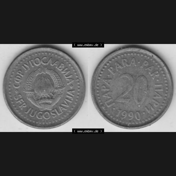 Grau bzw. s/w Münzen Jugoslawien Umlaufmünze 1990-1991, 20 Para 1990, Bild mit Vollansicht als Bildmaterial Sammlung Graustufen