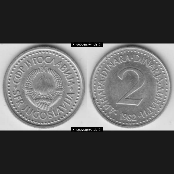 Grau bzw. s/w Münzen Jugoslawien Umlaufmünze 1982-1986, 2 Dinar 1982, Bild mit Vollansicht als Bildmaterial Sammlung Graustufen