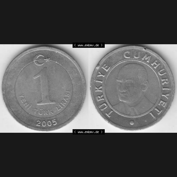 Grau bzw. s/w Münzen Türkei Umlaufmünze 2005-2008, 1 YENI Lira 2005. Vorderseite und Rückseite der Münze der Türkei auf einen Digitalen Bild, als Bildmaterial für... Sammlung Graustufen