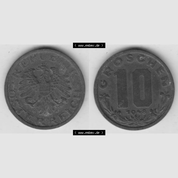 Grau bzw. s/w Münzen Österreich Umlaufmünze 1947-1949, 10 Groschen 1948 I., Münze aus Österreich mit Münzseiten Horizontal / Nebeneinander auf einen Bild für... Sammlung Graustufen