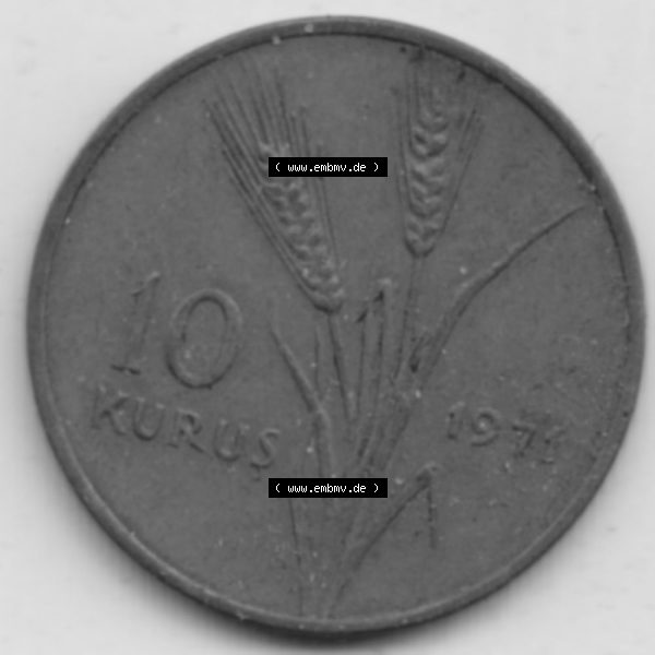 Grau bzw. s/w Münzen Türkei Umlaufmünze 1969-1973, 10 Kurus 1971. Rückseite der Münze der Türkei als Bildmaterial für Sammler und Münzen-Webseiten hier im online... Sammlung Graustufen