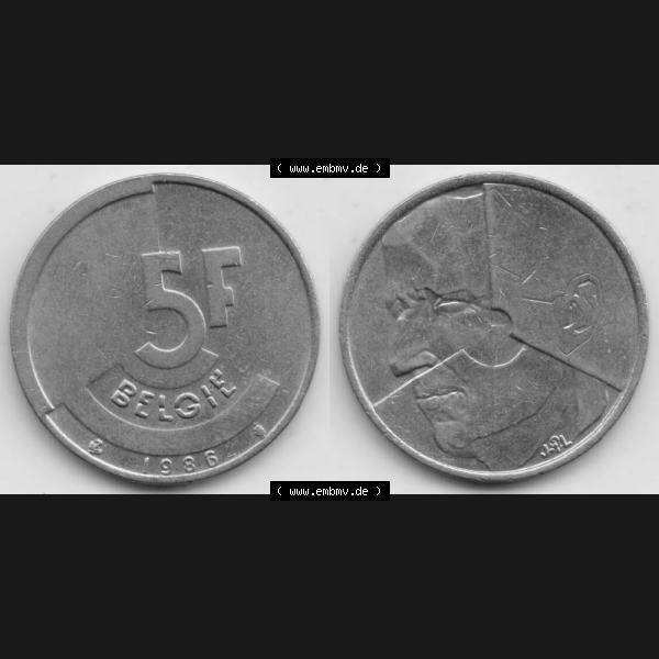 Grau bzw. s/w Münzen Belgien Umlaufmünze 1986-1993, 5 Francs 1986 Belgie. Vorderseite und Rückseite horizontal auf einen digitalen Bild der alten belgischen Francs Umlaufmünze aus Belgien... Sammlung Graustufen