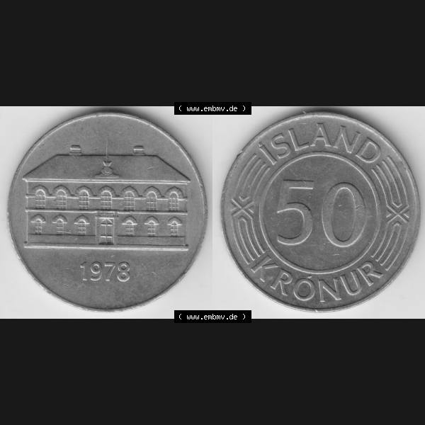 Grau bzw. s/w Münzen Island Umlaufmünze 1970-1980, 50 Kronur, Kronen 1978. Vorderseite und Rückseite horizontal auf einen digitalen Bild der alten Isländischen Umlaufmünze... Sammlung Graustufen