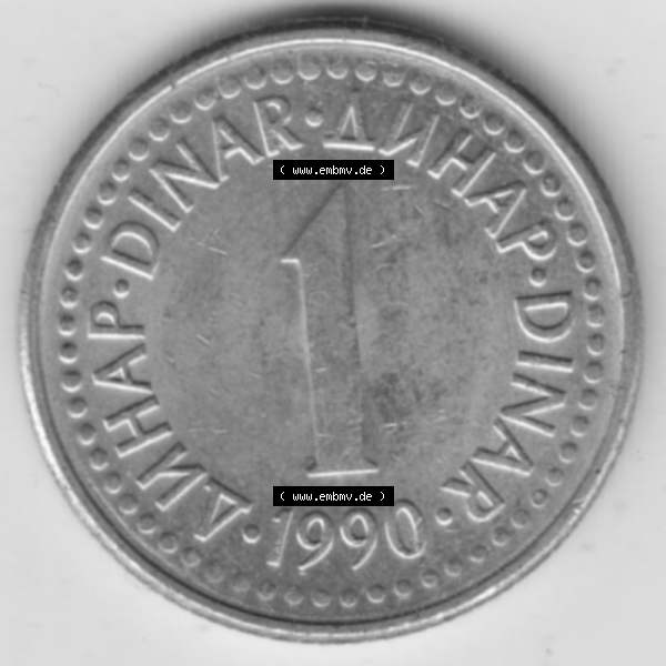 Grau bzw. s/w Münzen Jugoslawien Umlaufmünze 1990-1991, 1 Dinar 1990, Bild mit Rückseite der Münze als Bildmaterial Sammlung Graustufen