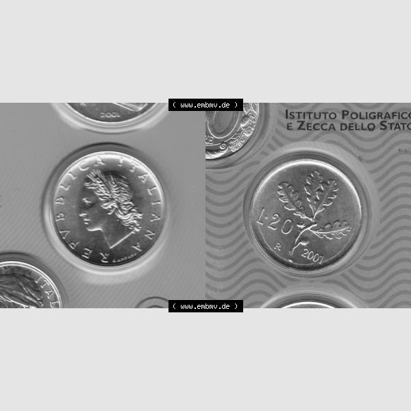 Grau bzw. s/w Münzen Italien Umlaufmünze 1956-2001, 20 Lira-Lire Kleinmünze 2001. Vorderseite und Rückseite horizontal auf einen digitalen Bild der alten italienischen Münze aus... Sammlung Graustufen