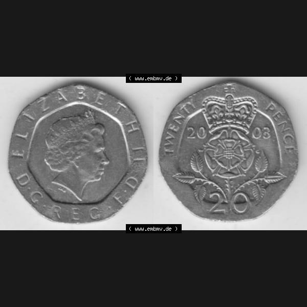 Grau bzw. s/w Münzen Großbritannien Umlaufmünze 1998-2008, 20 Pence 2003. Vorderseite und Rückseite horizontal auf einen digitalen Bild der alten britischen Münze aus Großbritannien... Sammlung Graustufen