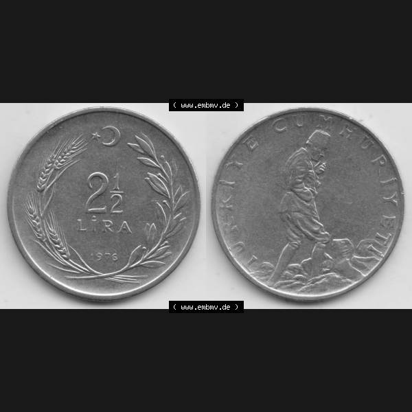 Grau bzw. s/w Münzen Türkei Umlaufmünze 1969-1980, 2,50 Lira - Lire 1976. Vorderseite und Rückseite der Münze der Türkei auf einen Digitalen Bild, als Bildmaterial... Sammlung Graustufen