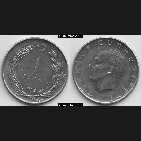 Grau bzw. s/w Münzen Türkei Umlaufmünze 1967-1980, 1 Lira - Lire 1979. Vorderseite und Rückseite der Münze der Türkei auf einen Digitalen Bild, als Bildmaterial für... Sammlung Graustufen