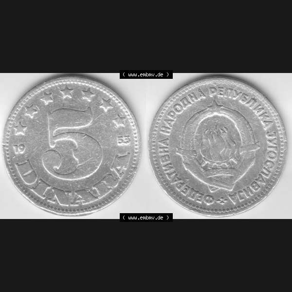 Grau bzw. s/w Münzen Jugoslawien Umlaufmünze 1953-1953, 5 Dinara, Bild mit Vollansicht zum Download Sammlung Graustufen