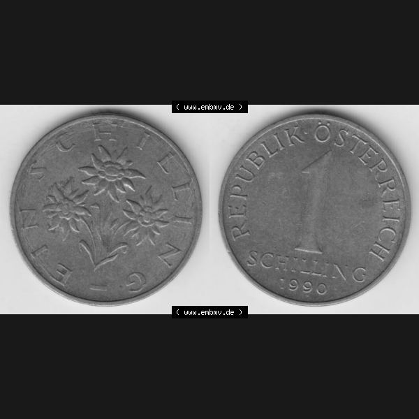 Grau bzw. s/w Münzen Österreich Umlaufmünze 1959-2001, 1 Schilling 1990, Münze aus Österreich mit Münzseiten Horizontal / Nebeneinander auf einen Bild für Mobile-Geräte... Sammlung Graustufen