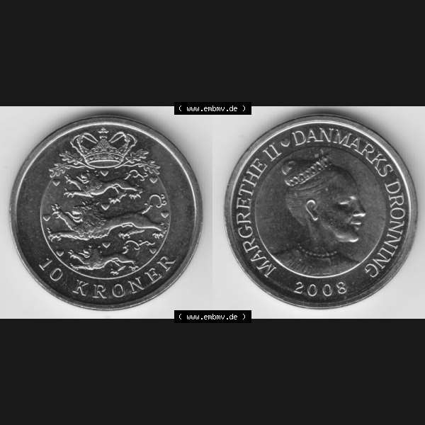 Grau bzw. s/w Münzen Dänemark Umlaufmünze 2008, 10 Kroner, Kronen. Vorderseite und Rückseite horizontal auf einen digitalen Bild der alten dänischen Umlaufmünze aus Dänemark... Sammlung Graustufen