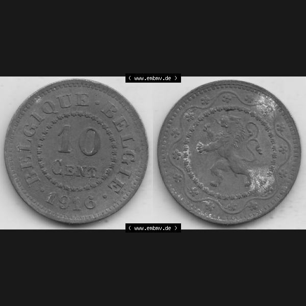 Grau bzw. s/w Münzen Belgien Umlaufmünze 1915-1917, 10 Centimes 1916 Belgique - Belgie. Vorderseite und Rückseite horizontal auf einen digitalen Bild der alten belgischen Francs Umlaufmünze... Sammlung Graustufen
