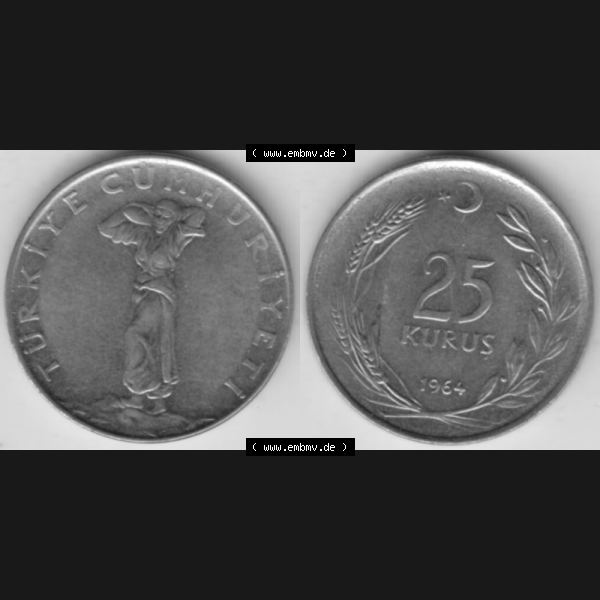 Grau bzw. s/w Münzen Türkei Umlaufmünze 1960-1966, 25 Kurus 1964, Bild mit Vollansicht als Bildmaterial Sammlung Graustufen