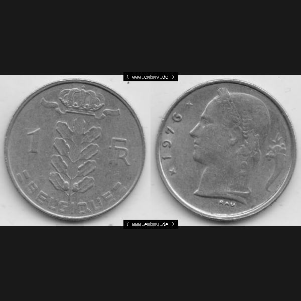 Grau bzw. s/w Münzen Belgien Umlaufmünze 1950-1988, 1 Francs-Franken 1976 II. Belgique. Vorderseite und Rückseite horizontal auf einen digitalen Bild der alten belgischen Francs Umlaufmünze... Sammlung Graustufen