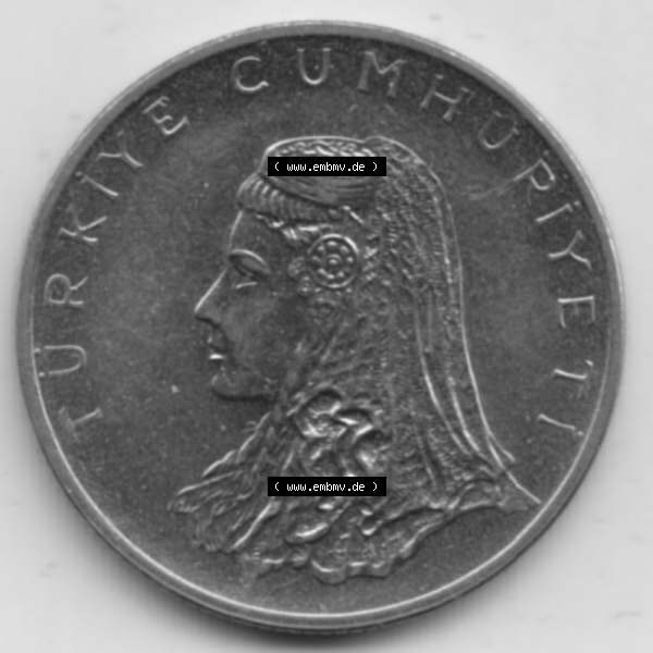 Grau bzw. s/w Münzen Türkei Umlaufmünze 1971-1979, 50 Kurus 1970. Vorderseite der Münze der Türkei als Bildmaterial für Sammler und Münzen-Webseiten hier im online Katalog... Sammlung Graustufen